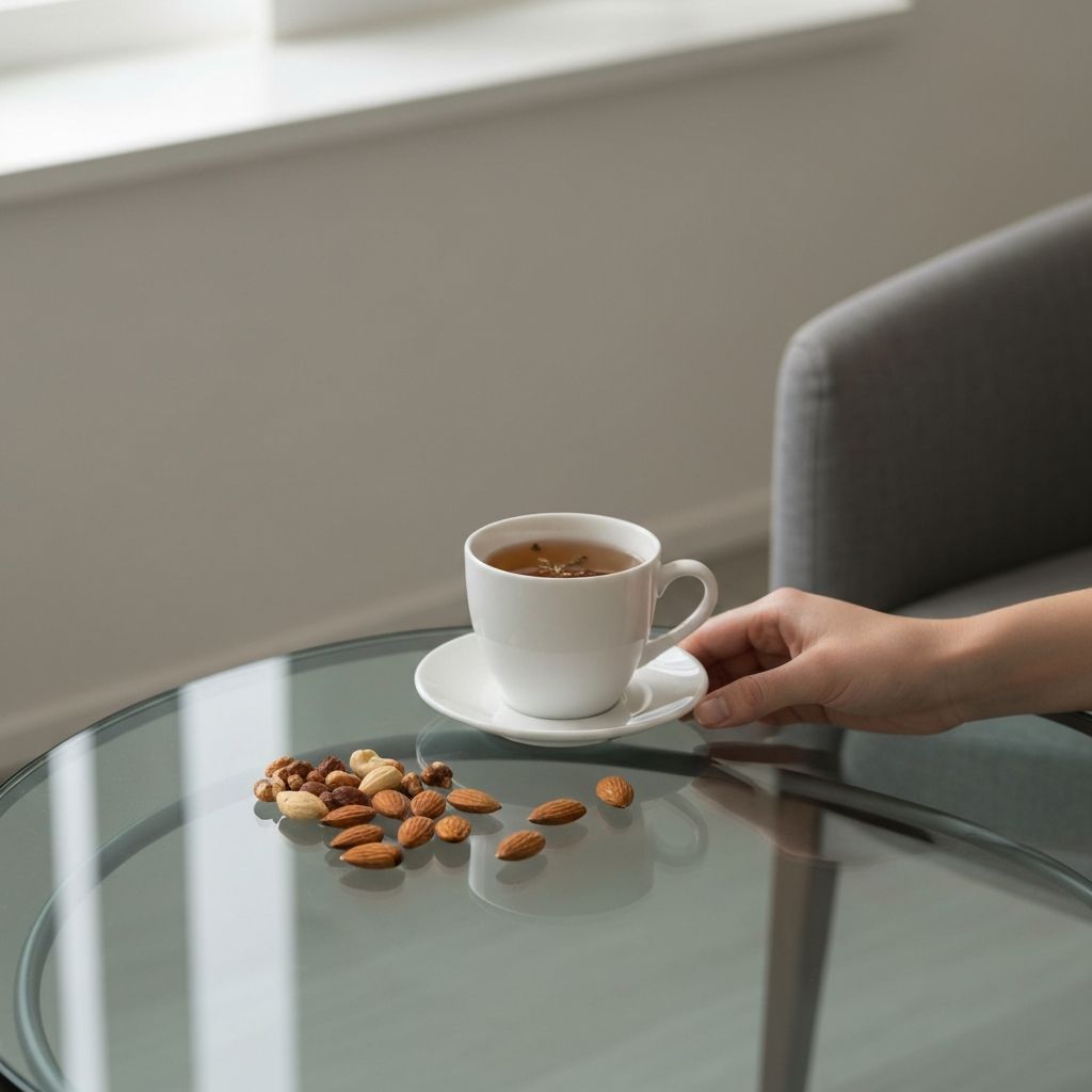 Mešoviti orašići, bademi i čaj u belem šolju na staklenom stolu